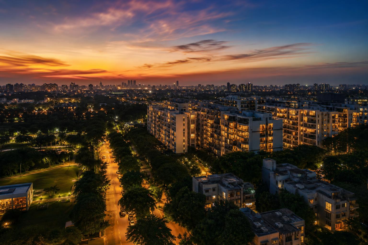 Aerial view of a an urban Indian neighborhood with apartments and tree-lined streets.