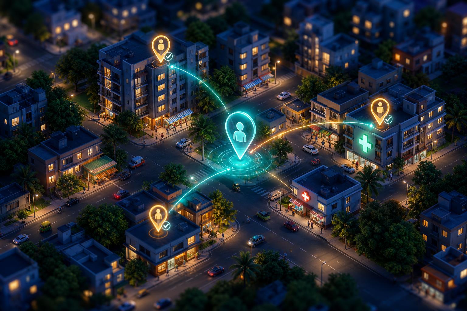 Isometric visualization of a an urban Indian neighborhood with a customer connected to three verified helpers.