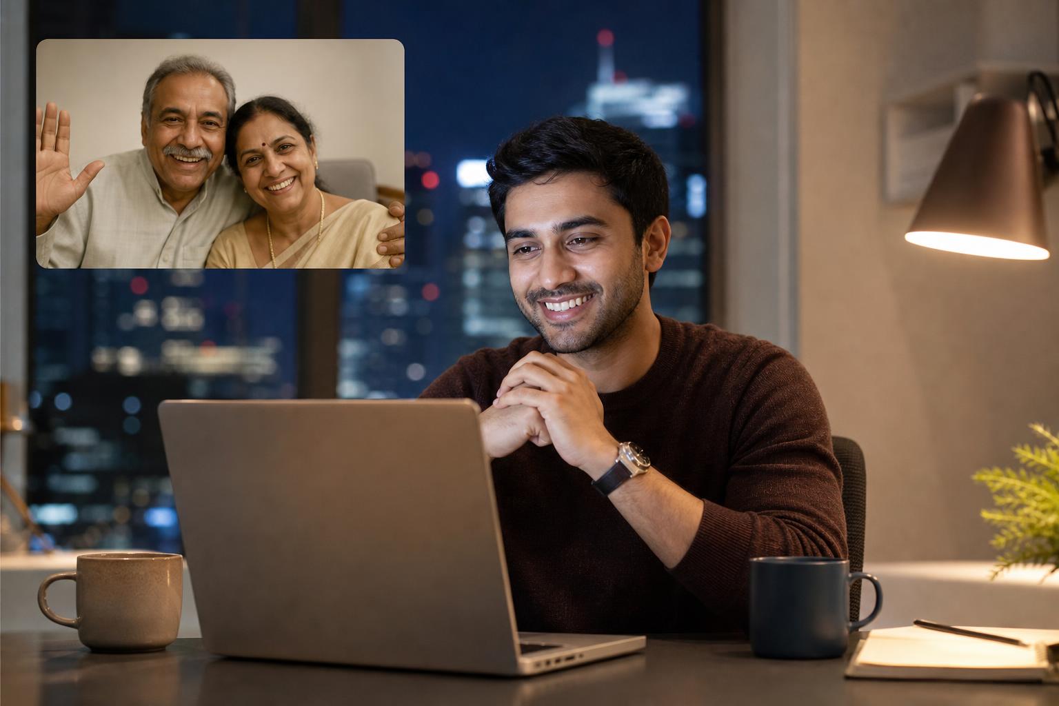 An NRI professional coordinating local assistance for family on a video call.