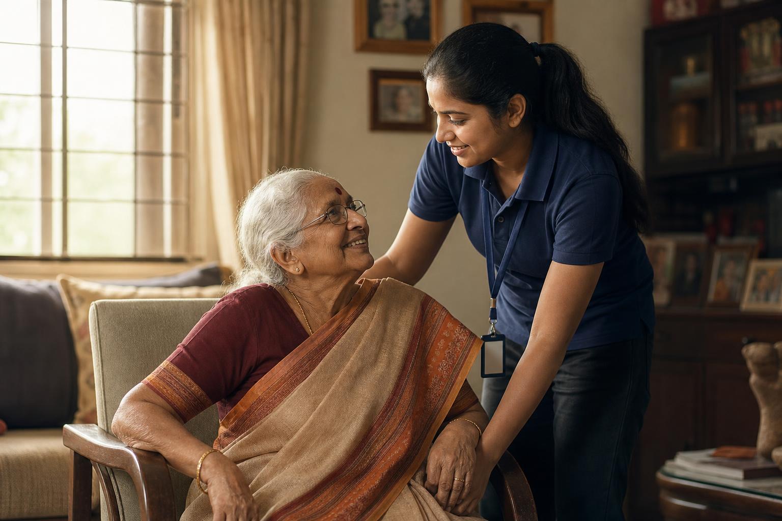 Helper showing task confirmation to an elderly woman at home across India.